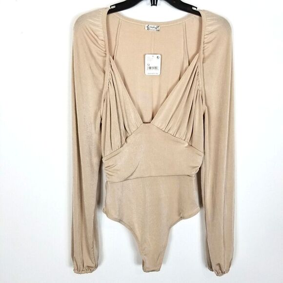 Free People Women In Your Arms Bodysuit Blouse Size M Beige long Sleeve Top - Picture 1 of 7